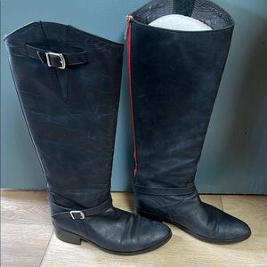 Via Roma Leather Riding Black Zip Red Stripe Boots,‎ Size 37.5/7.5